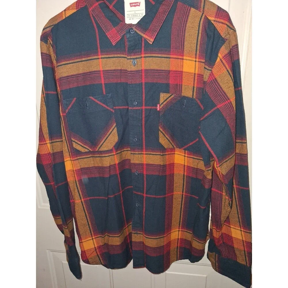 Levi’s Plaid Flannel Shirt Mens L Red Black Orange Button Up Long Sleeve Western